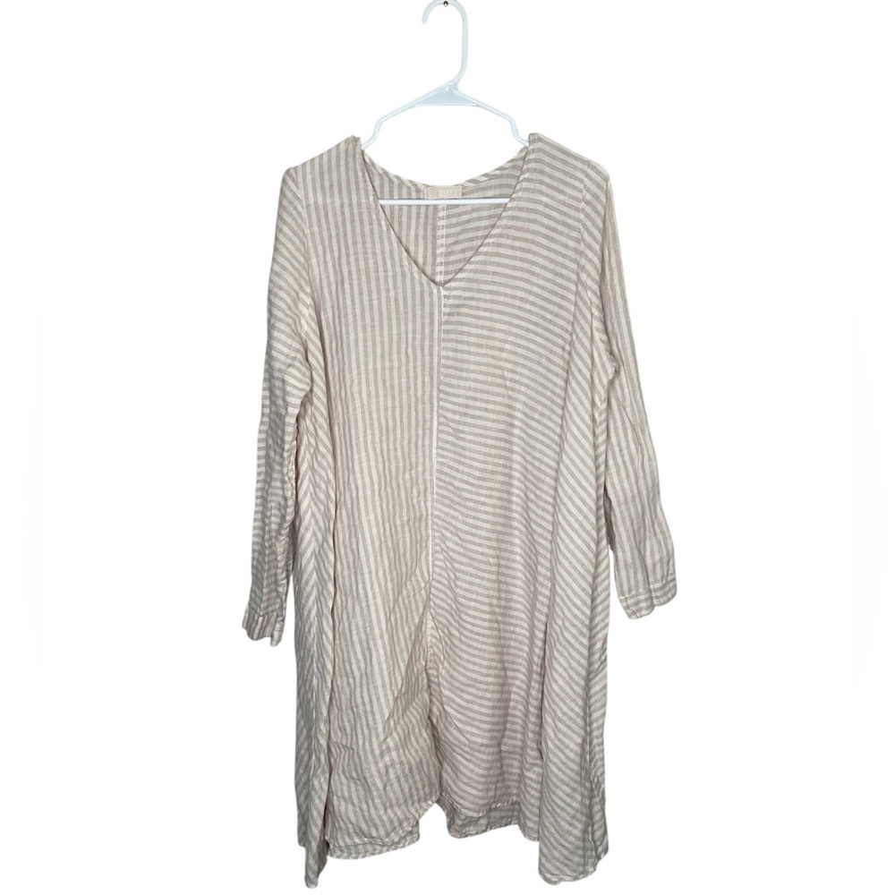 CP Shades Striped 100% Linen Asymmetrical Hem Dress Size Medium White Tan